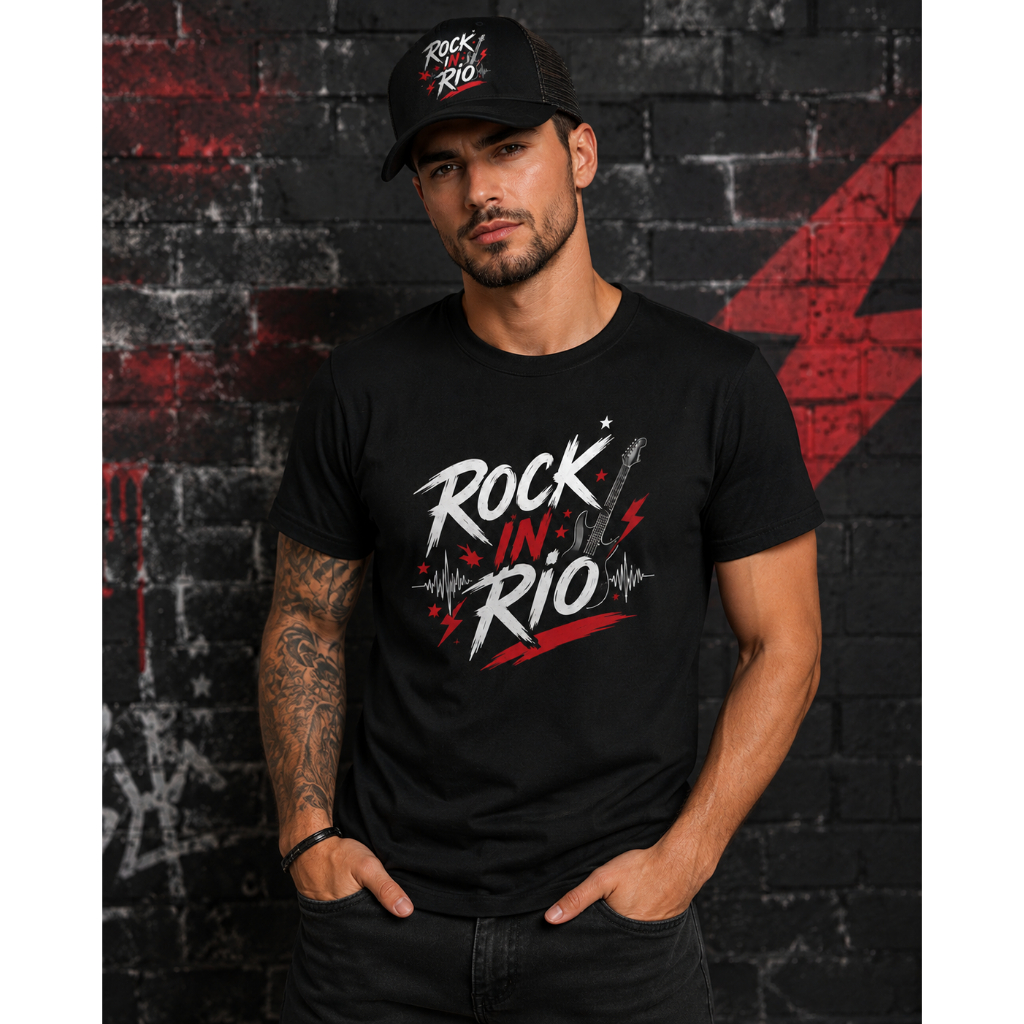 Camiseta Básiica casual  Rock in Rio Unissex Preta Festival Música Rock Show