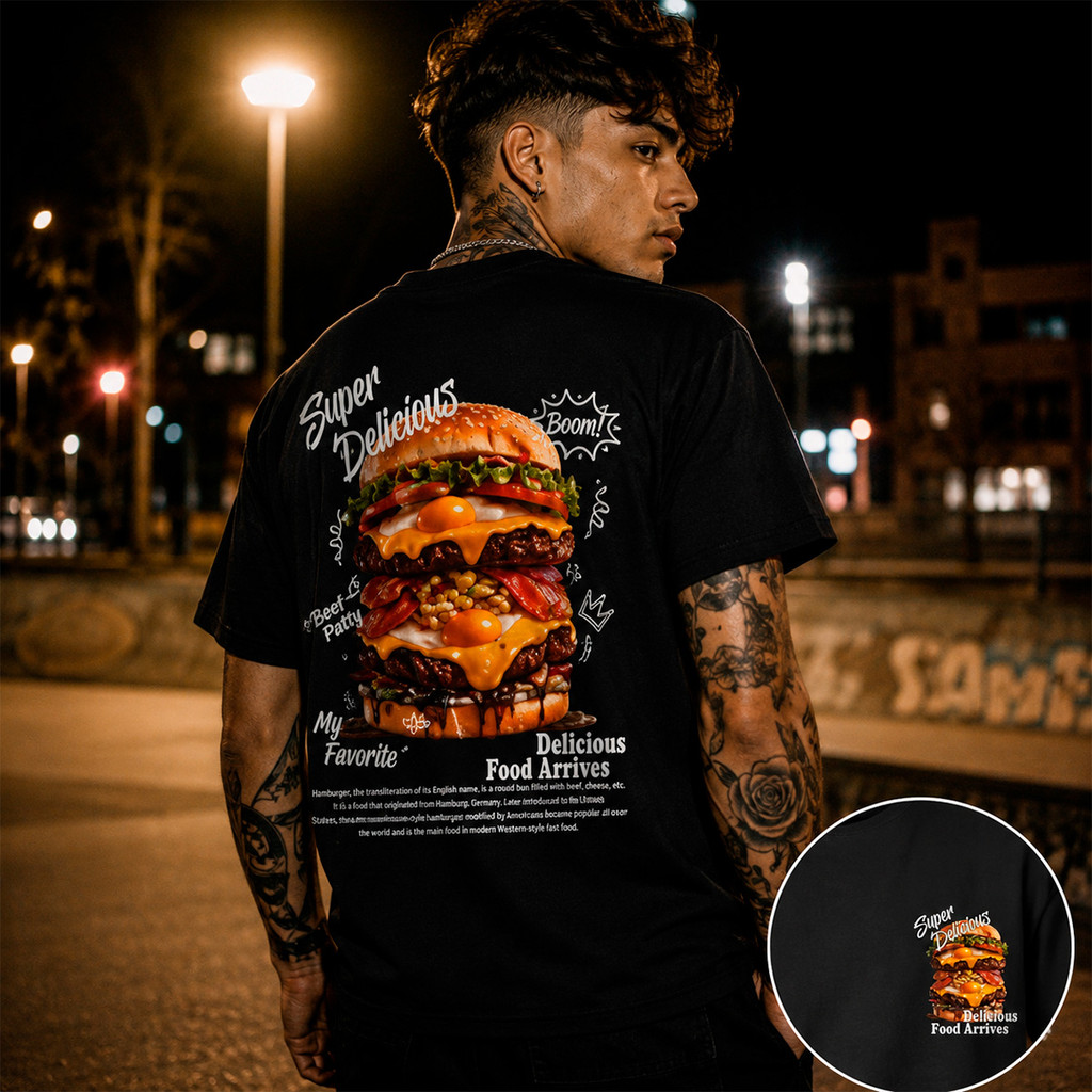 Camiseta Algodão Streetwear Camisa Hambúrguer Delicious Food Arrives Casual