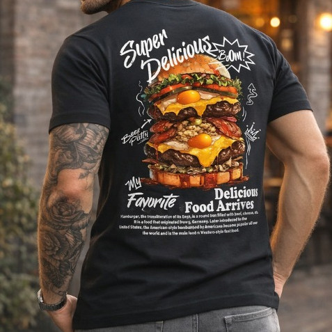 [Camiseta Premium em Algodão Puro]VU Camiseta Streetwear Hambúrguer Delicious Food Arrives  My Favorite Style Jovem
