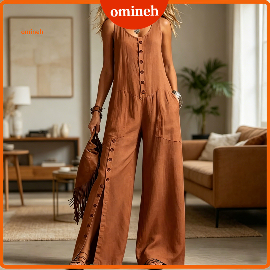 Women Jumpsuit Relaxed Fit Women’s Button Down Wide Leg Romper with Pockets Summer Loose Overall for Lightweight Crew
