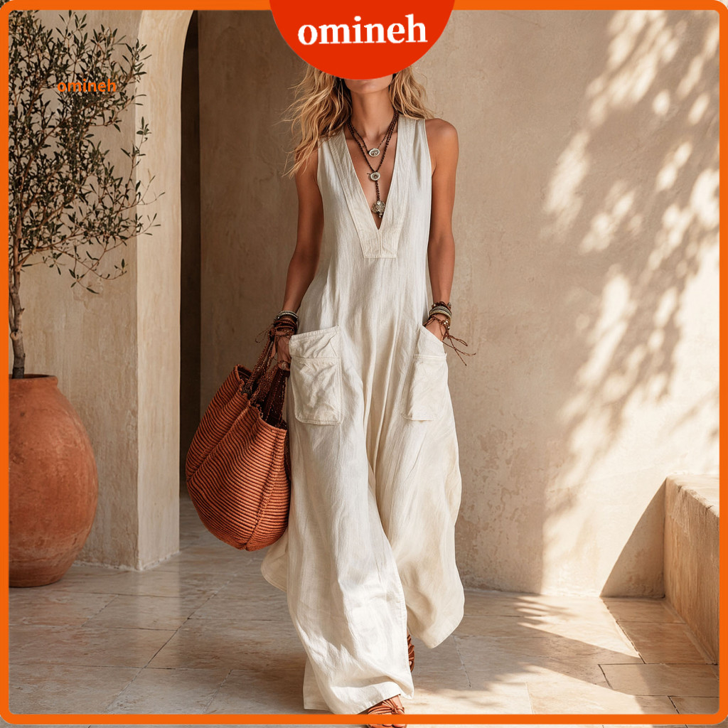 Wide-leg Jumpsuit Pants Women’s V Neck with Pockets Wide Leg Rompers Summer Loose One-piece Overalls Lightweight and C