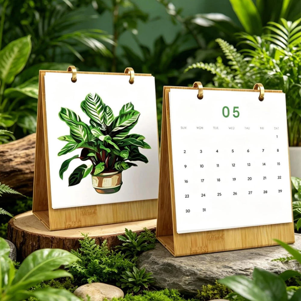 Tropical Plant Art 2027 Desk Calendar Bamboo Stand Double Sided Monthly Calendar For Office Tabletop Display