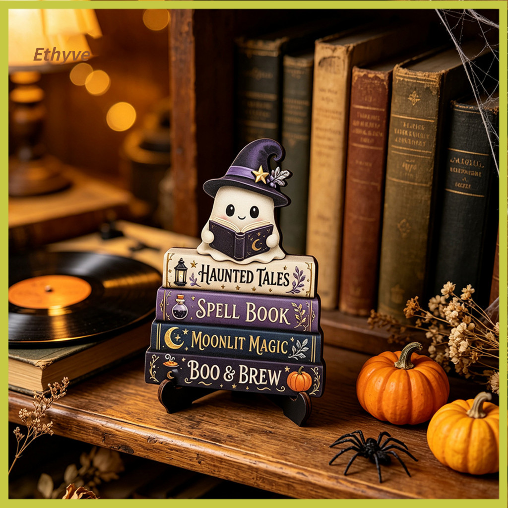 Halloween Table Decorations Wooden Ghost Ornaments Figurine Vintage Desktop Ornament with Stand – Spooky Home Tabletop