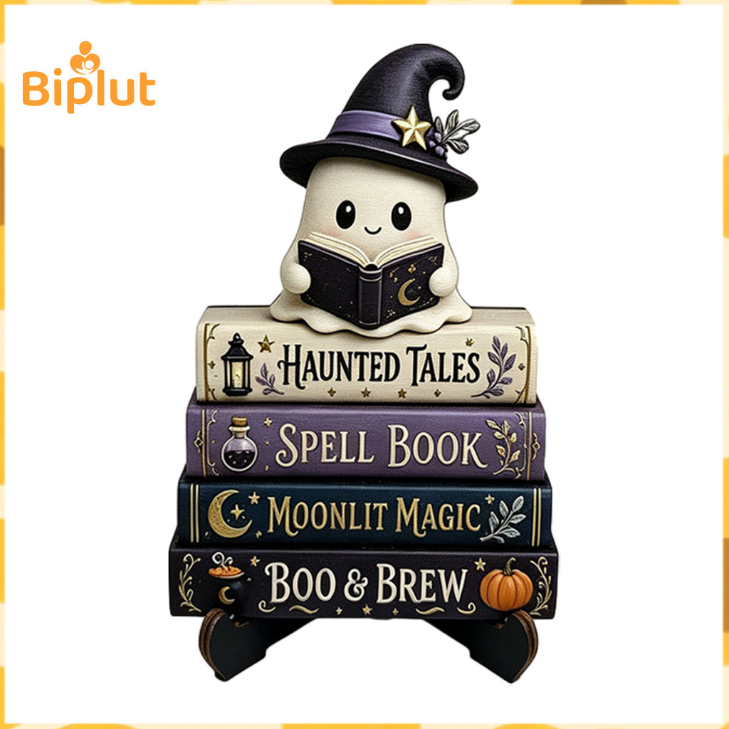Wooden Ghost Ornaments Halloween Table Decorations Figurine Vintage Desktop Ornament with Stand – Spooky Home Tabletop