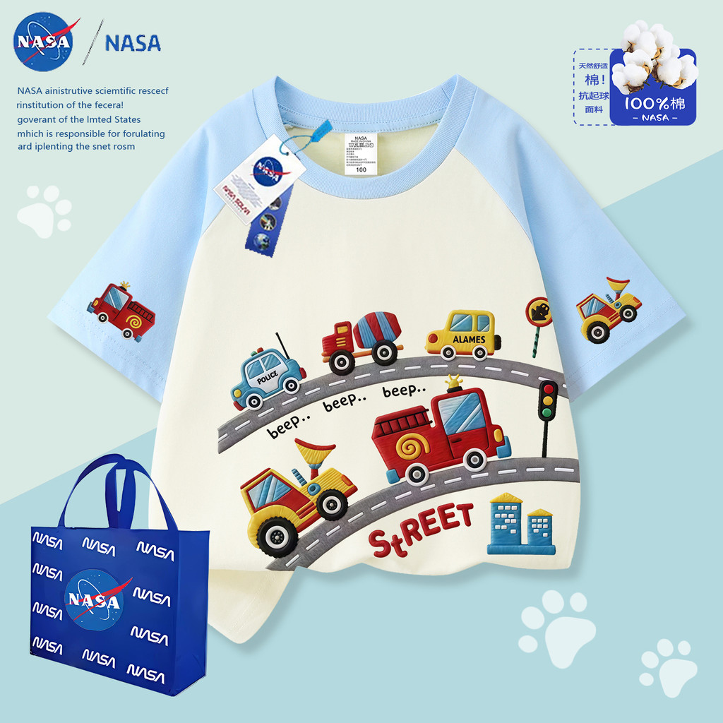 NASA Fashion Print Costura Camiseta de manga curta Cartoon Car Verão Unissex Manga Raglan Gola Redonda Top