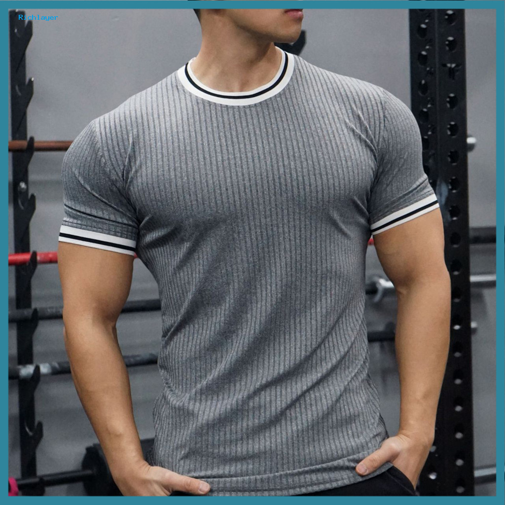 Men Polyester T-shirt Modern Top with Round Neck Men's Slim Fit Elastic Muscle Short Sleeve Fitness for Gym Running Spor