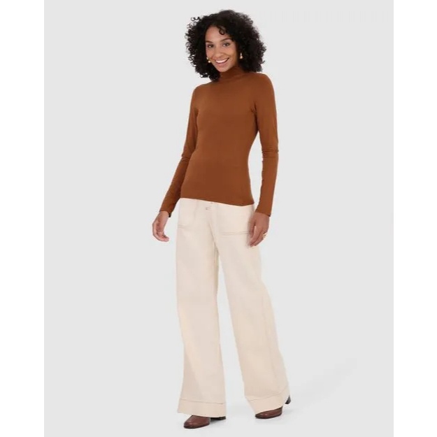 Blusa Cacharrel MARROM Gola Alta Em Malha Viscose Stretch