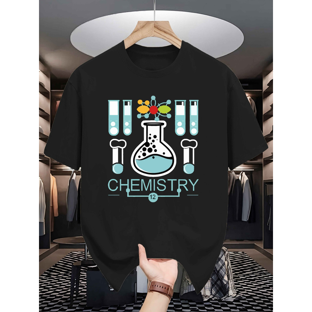Camiseta 2026 100% Algodão Chemistry Printed Casual Navy Blue Knit Stretch Summer Confortável Moderna Estilosa Verão