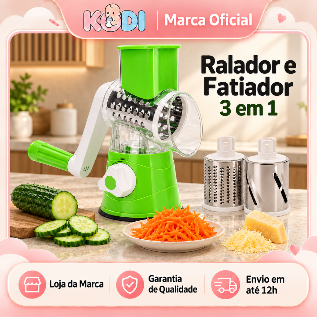 Ralador e Fatiador Manual 3 em 1 com Ventosa para Legumes, Verduras e Queijos - 3 Cilindros
