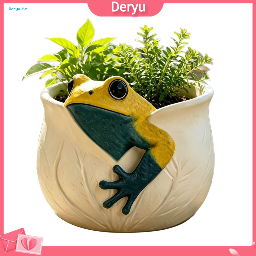 Pastoral Style Plant Container for Tabletop Weather Resistant Planter for Outdoor Garden 3d Frog Pot with Leaf Vein Text