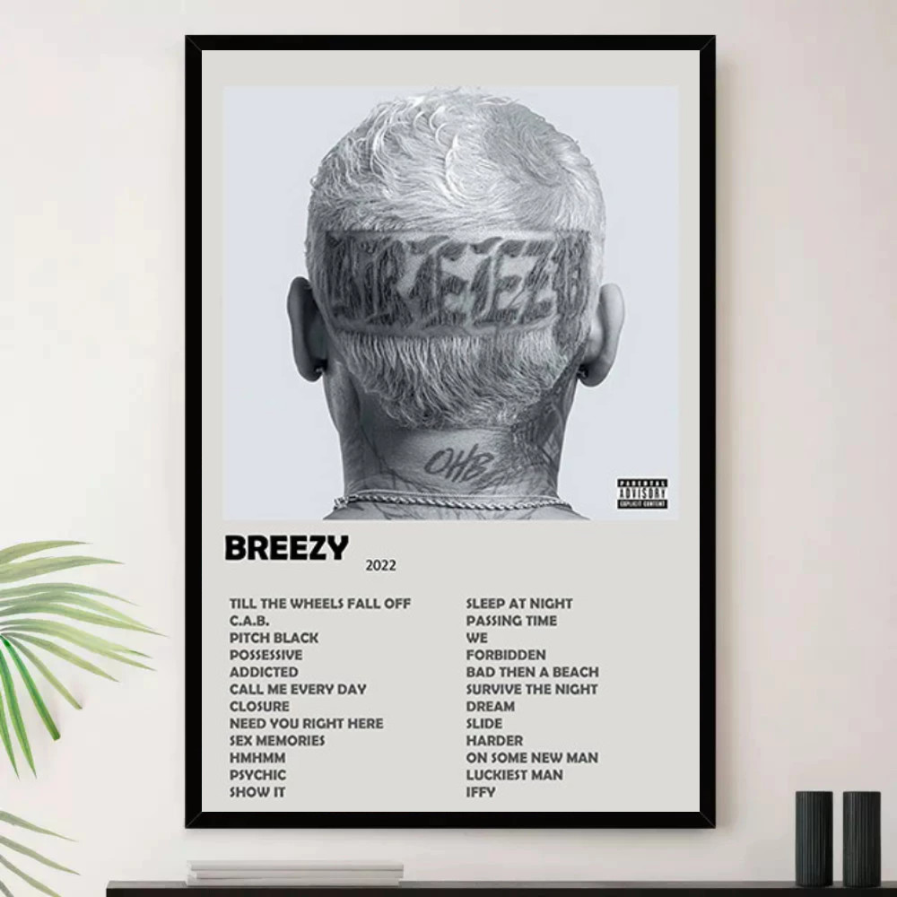 Quadro Placa Decorativa Música Internacional Chris Brown R&B Soul e Pop Álbuns com Moldura
