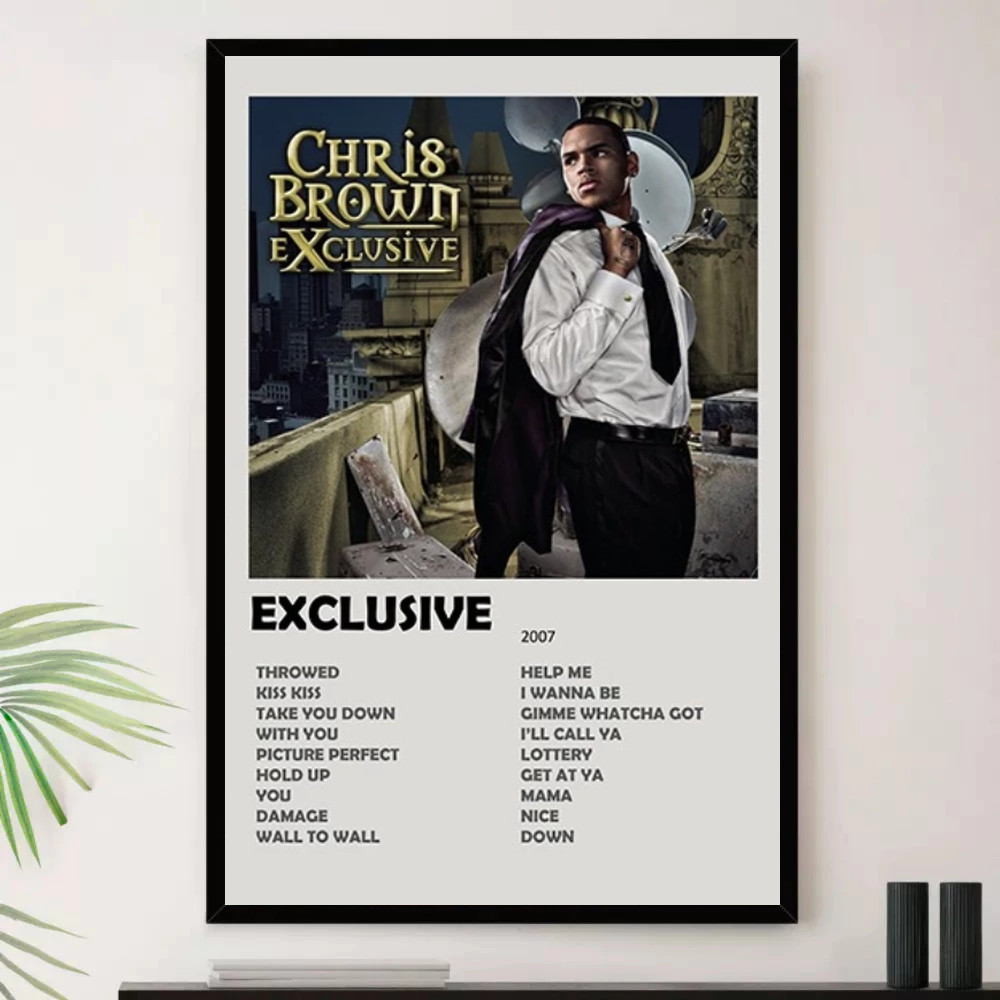 Quadro Placa Decorativa Música Internacional Chris Brown R&B Soul e Pop Álbuns com Moldura