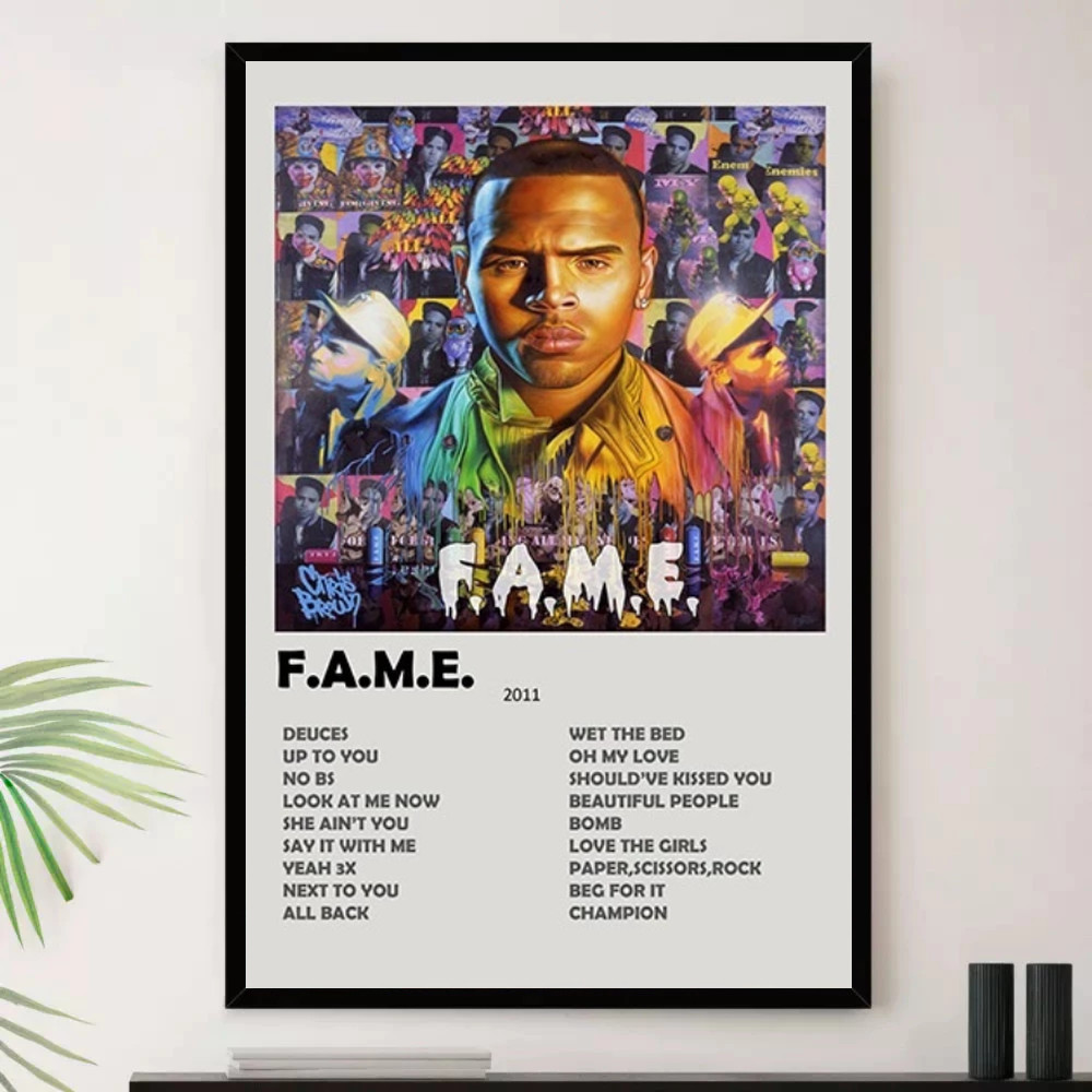 Quadro Placa Decorativa Música Internacional Chris Brown R&B Soul e Pop Álbuns com Moldura