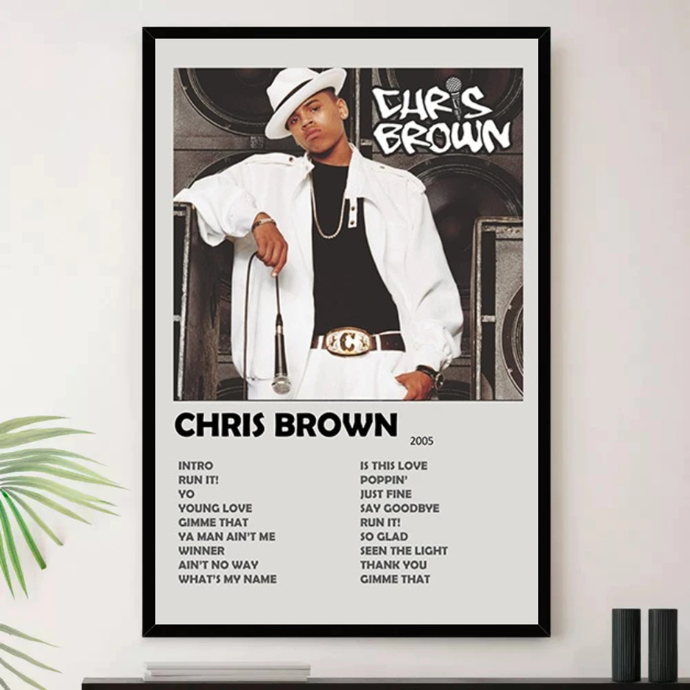 Quadro Placa Decorativa Música Internacional Chris Brown R&B Soul e Pop Álbuns com Moldura