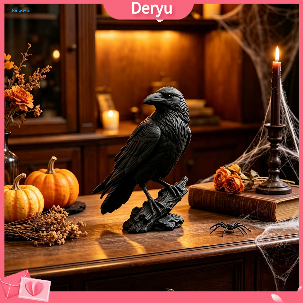 Gothic Crow Figurine Resin Decoration Realistic Black Raven Statue Halloween Decor Spooky Ornament for Home Office Books