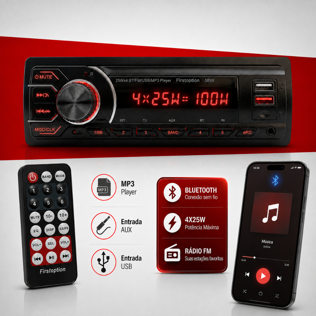 Rádio som Automotivo Bluetooth 5.0 USB AUX FM MP3  4x25W pen drive First Option 12V 1 Din