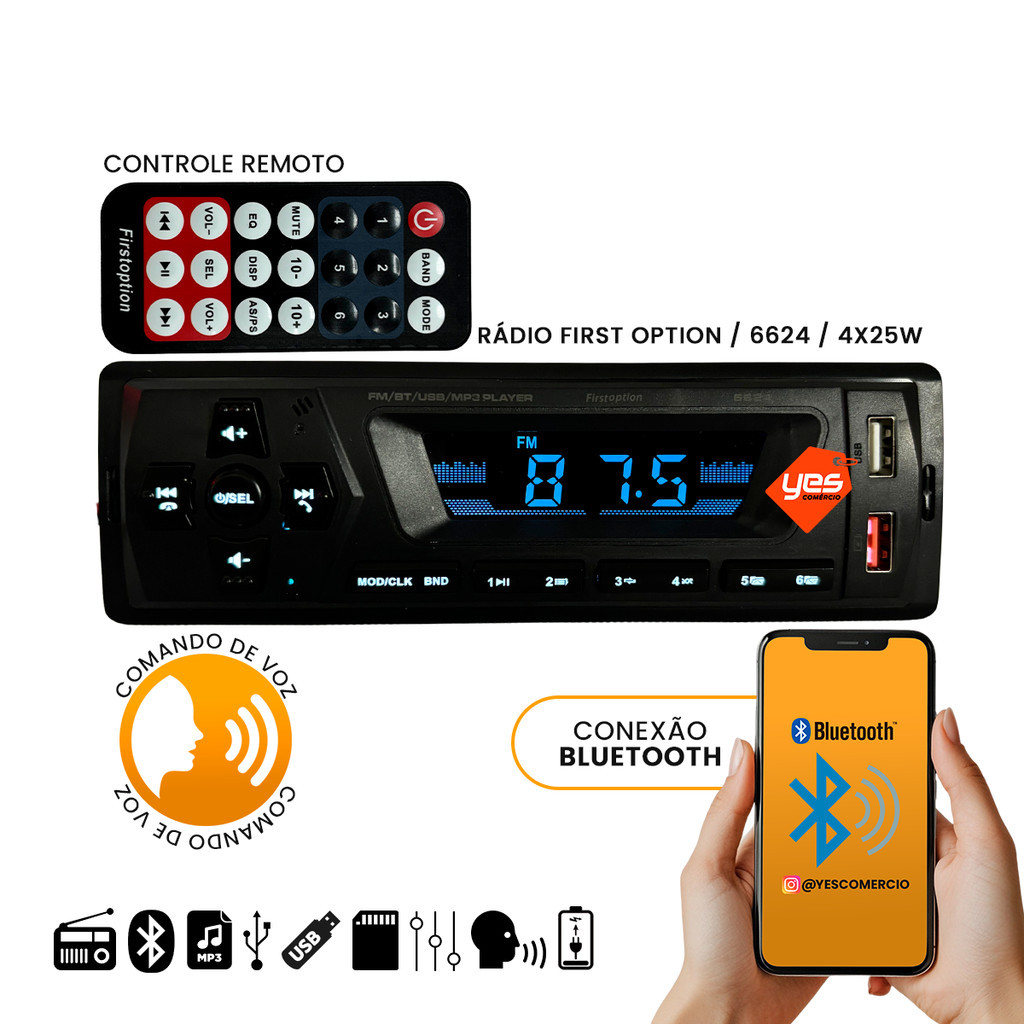 Rádio Bluetooth Led First Option 6624, 4X25W USB, SD, Pen Drive