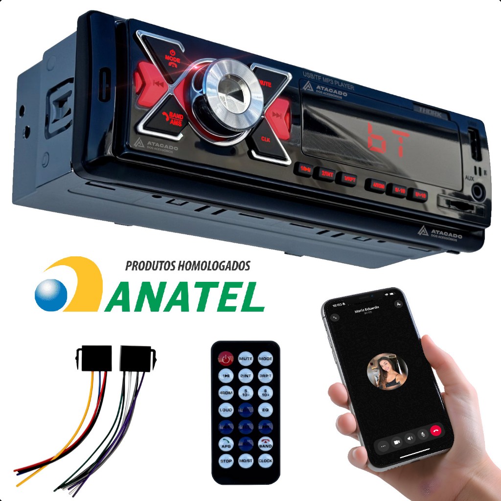 Som Automotivo Rádio Auto Aparelho MP3 Carro Entrada USB Pendrive Carregador SD Aux Bluetooth