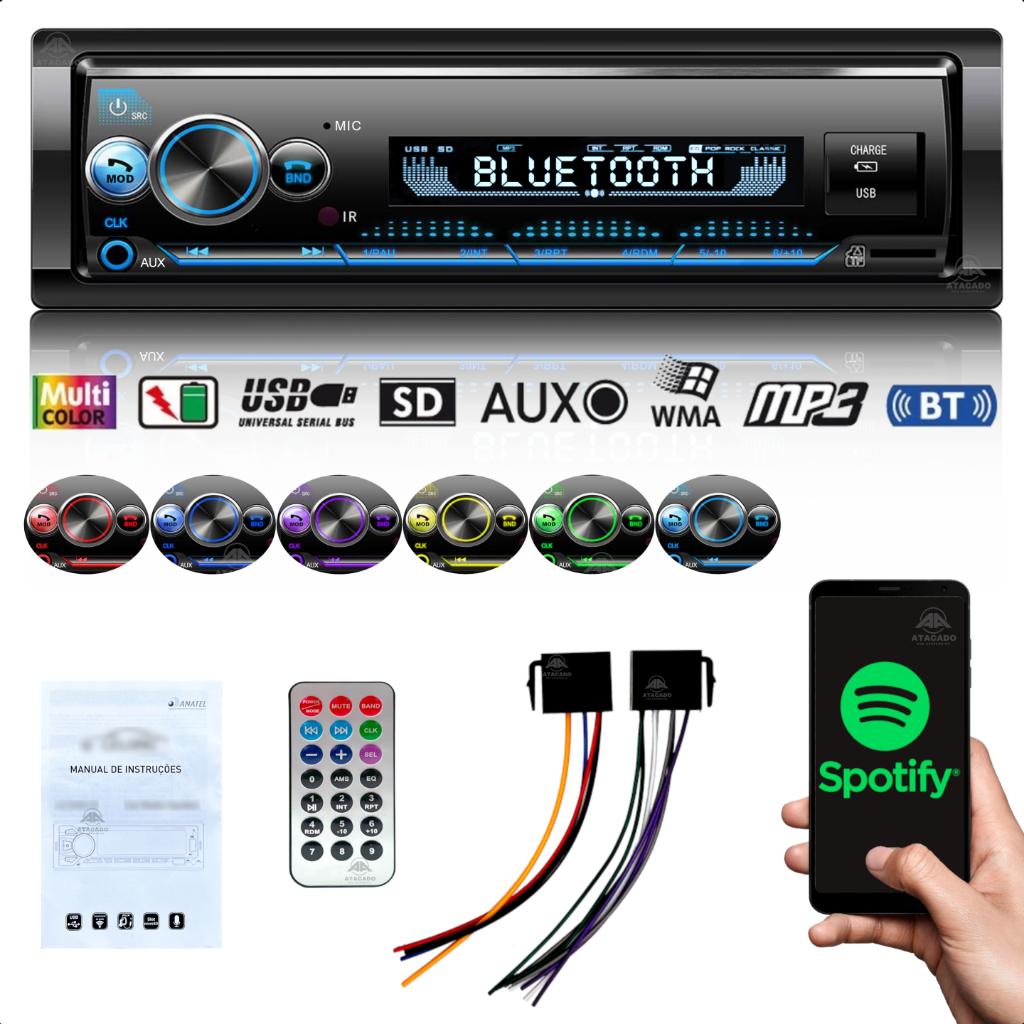 Aparelho de Som Automotivo MP3 p/ Carro Rádio FM Entrada USB pendrive cartão SD Aux Bluetooth