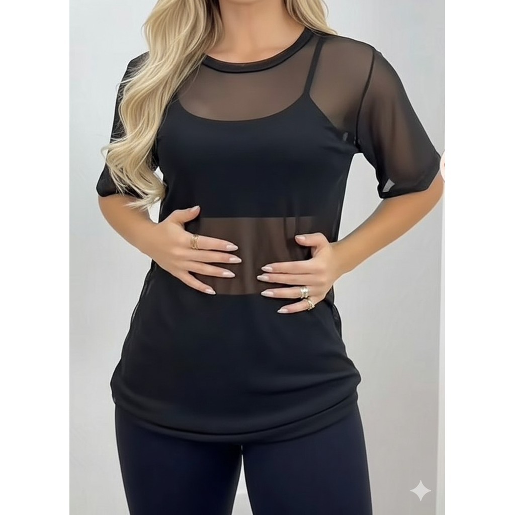 blusa feminina tecido tule para academia exercício ginástica manga curta top too