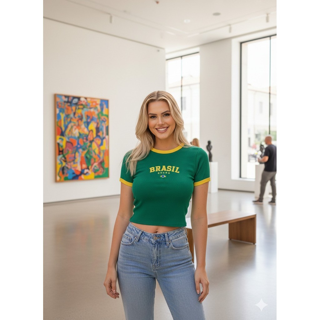 blusa cropped feminino canelado torcer Brasil manga curta too
