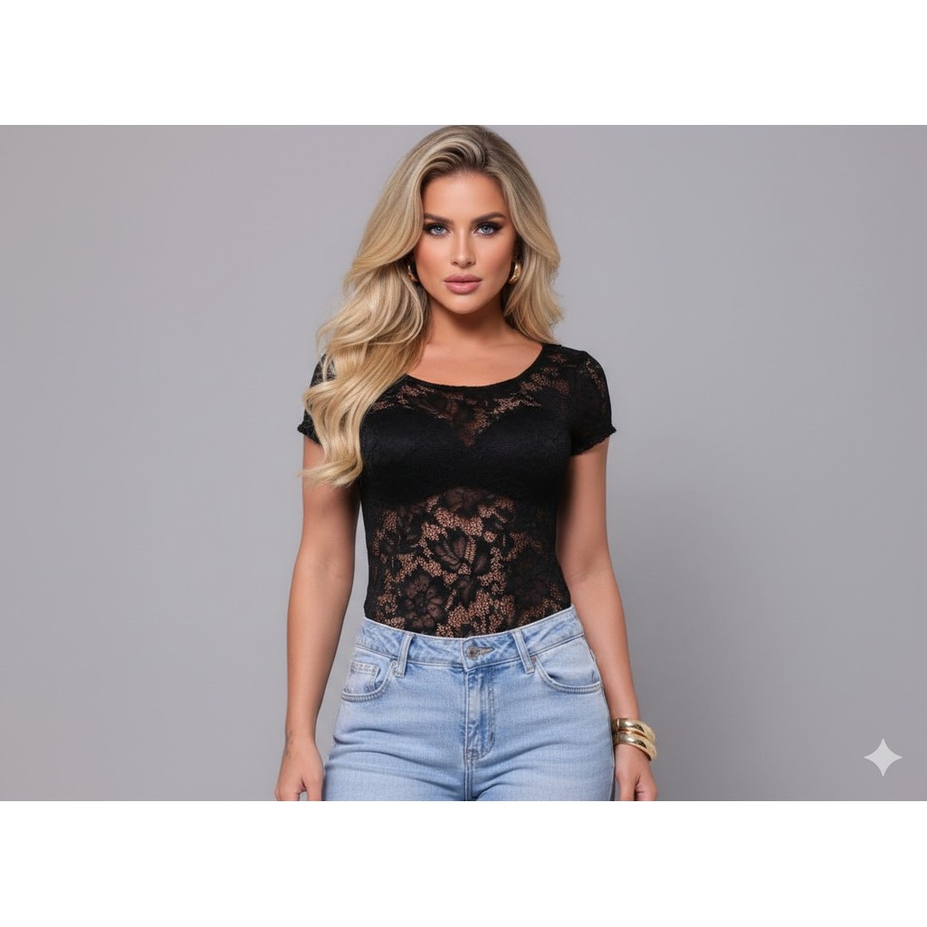 body feminino de renda elastano decote nas costas manga curta too