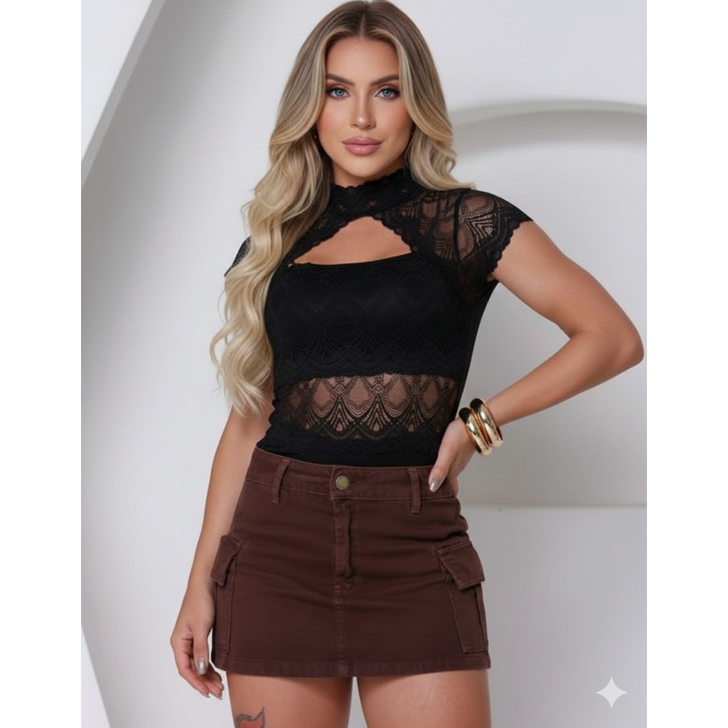 body feminino de renda elastano decote gola alta manga curta top too