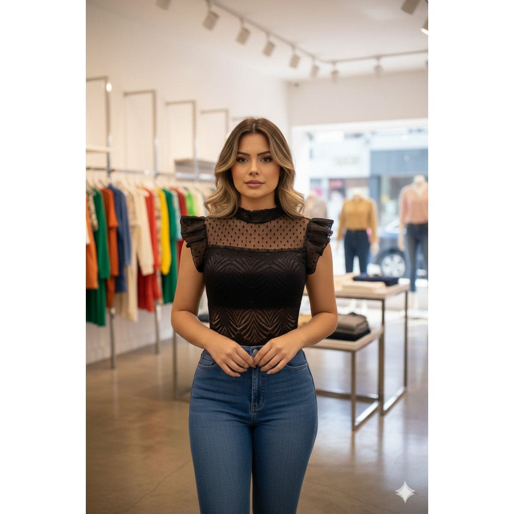 body feminino ombro renda tule manga curta babado top too
