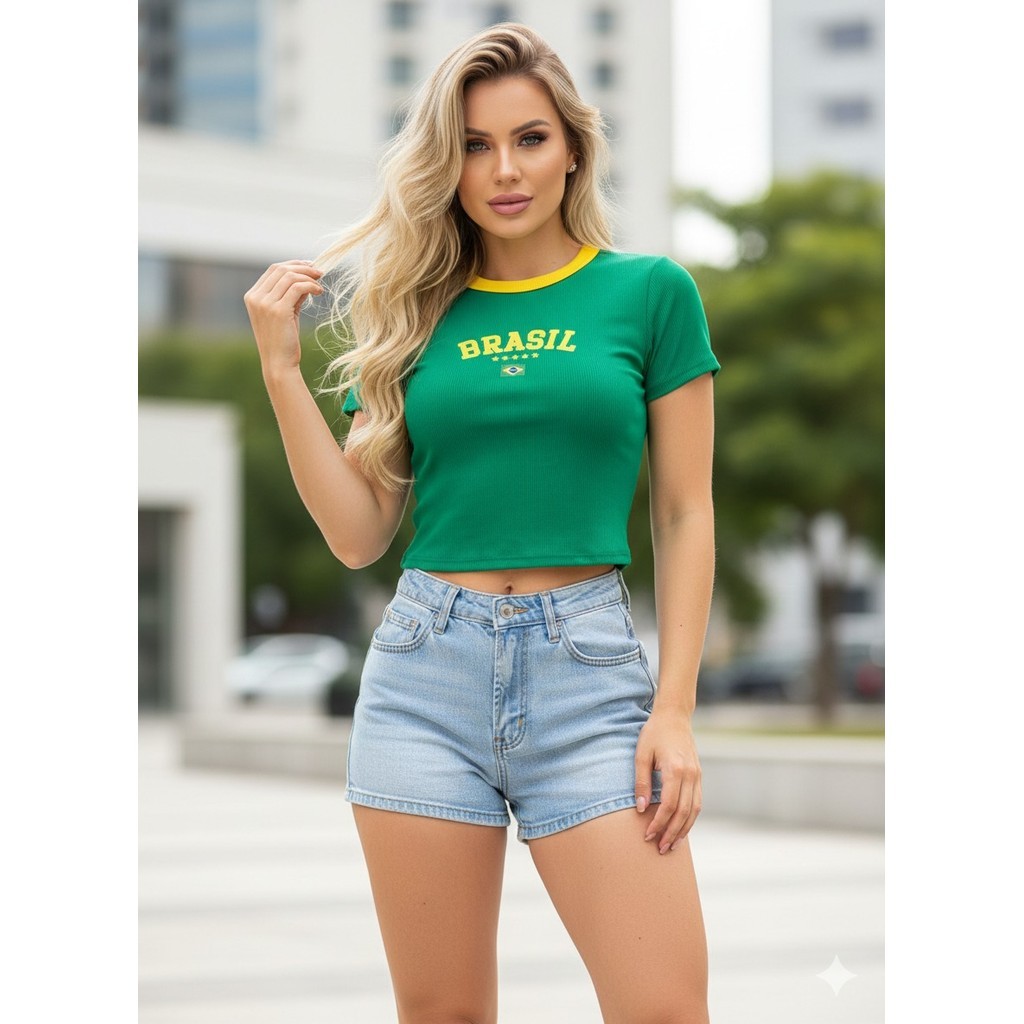 blusa cropped feminino verde amarelo torcer Brasil manga curta top too