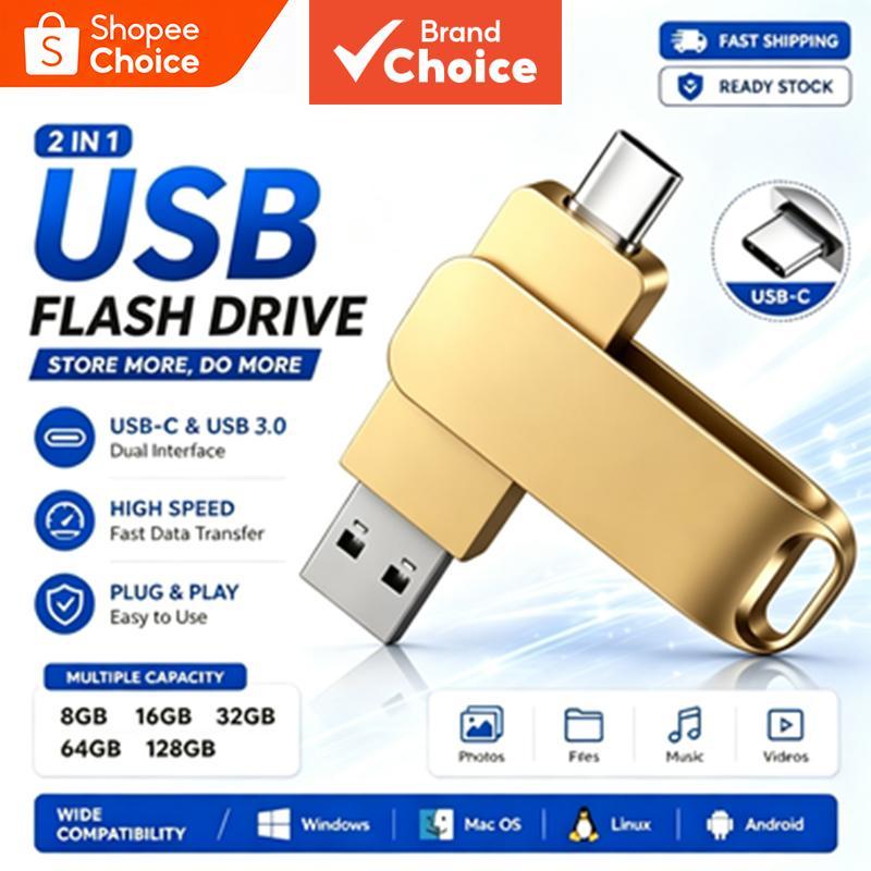 Pen drive de interface dupla USB 3.0 Tipo-C, 32GB 64GB 128GB USB 3.0 de alta velocidade, armazenamento para escritório,