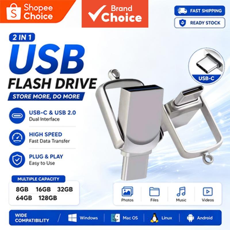 Pen drive dupla tipo C giratória metálica, de alta velocidade, para computador e celular, 16GB 32GB 64GB 128GB, pen