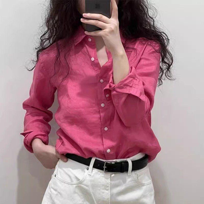 [Promoção por tempo limitado] Camisa de algodão tamanho grande da estação europeia, lapela retrô, cor pura, camisa liter
