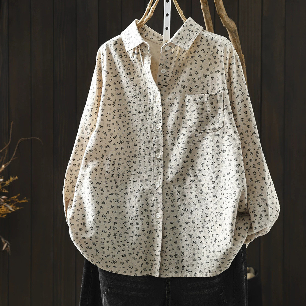 Alta Qualidade Feminina 100 % Algodão Fio Blusa Camisa Floral Lapela Frente Ombro Solto Tamanho Grande Manga Longa Liter