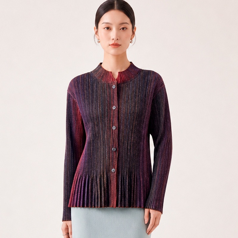 Miyake estilo plissado gradiente contraste cor gola alta Cardigan feminino textura sentimento único Breasted longo liter