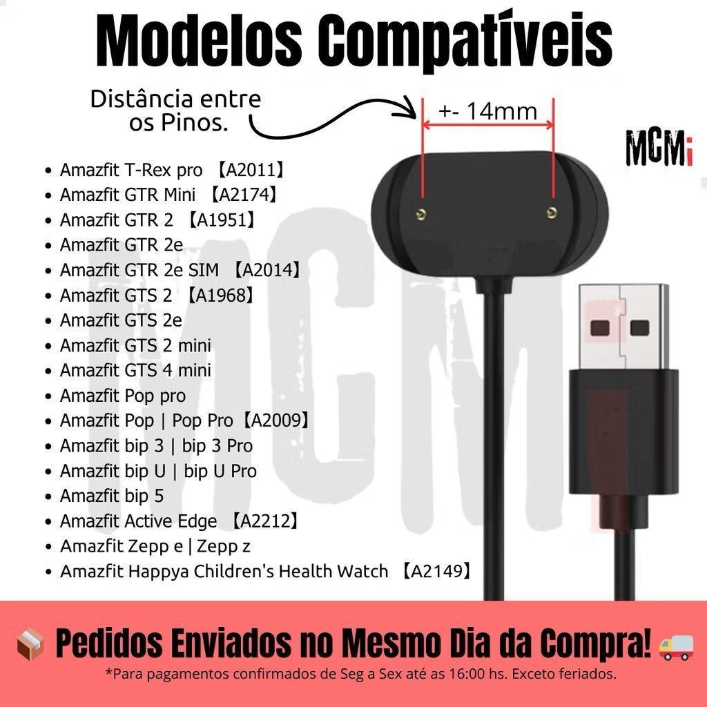 Carregador  Compatível Amazfit GTS 2 A1969, Bip U, Bip U Pro, Gts 2, Gtr 2e, Gts 2e, Gts 2 Mini, A