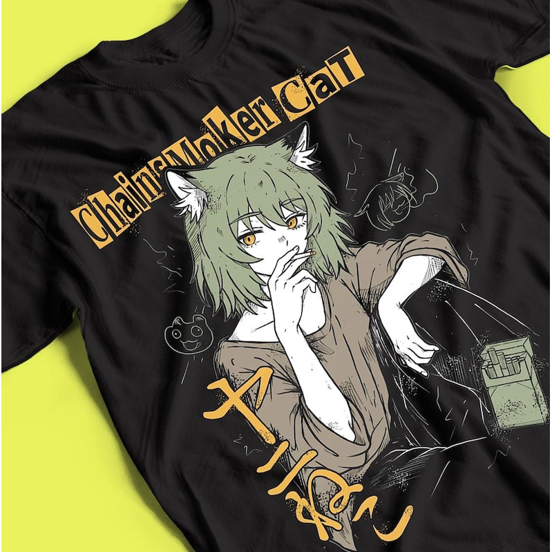 Camiseta Com Estampa Anime ChainSmoker Cat, Personagem Gato De Cabelo Verde, Letras Japonesas, Estilo Mangá Retrô, Cor P