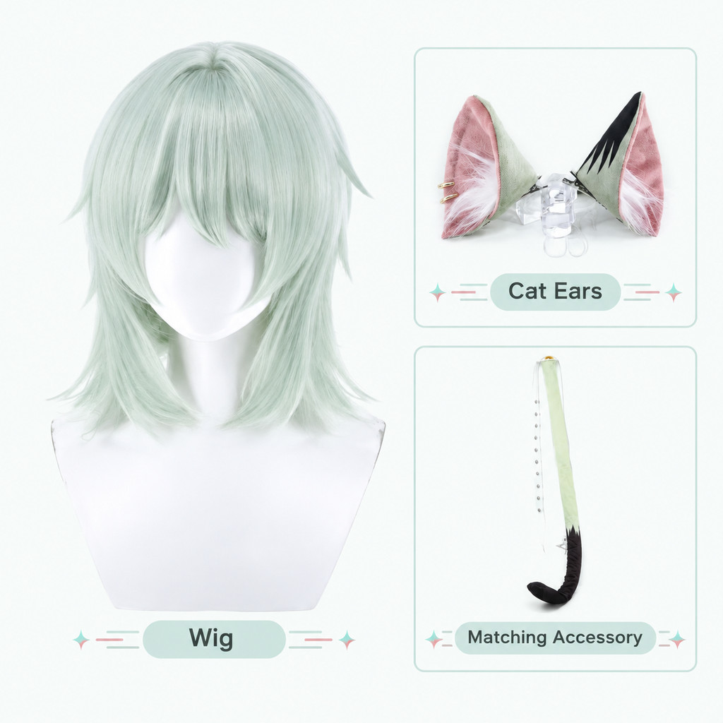 Chainsmoker Gato Yani Neko Satou Yuko Peruca Cosplay 38cm Verde Claro Anime Perucas Calor