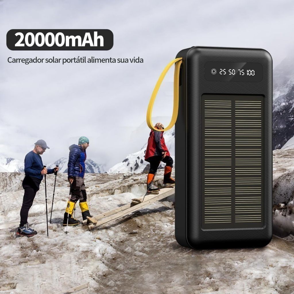 Power Bank Solar 20000mAh Com Cabos 5 Em 1 Lanterna LED Carregador Portátil Para Celular iPhone Samsung