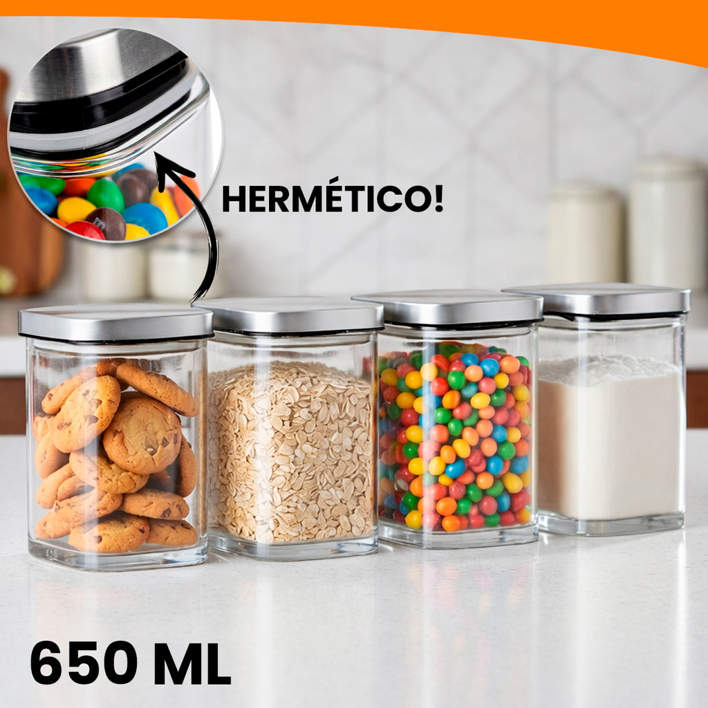 Kit 4 Potes Hermético de Vidro 650ml 2/3/4 Unds Quadrado com Tampa Inox Vedação Porta Mantimentos Kolling Sell