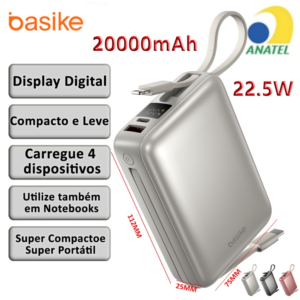 Basike Carregador Portátil Power Bank 20000mAh 22.5W Rápido Cabos Embutidos Tipo C iPhone Samsung