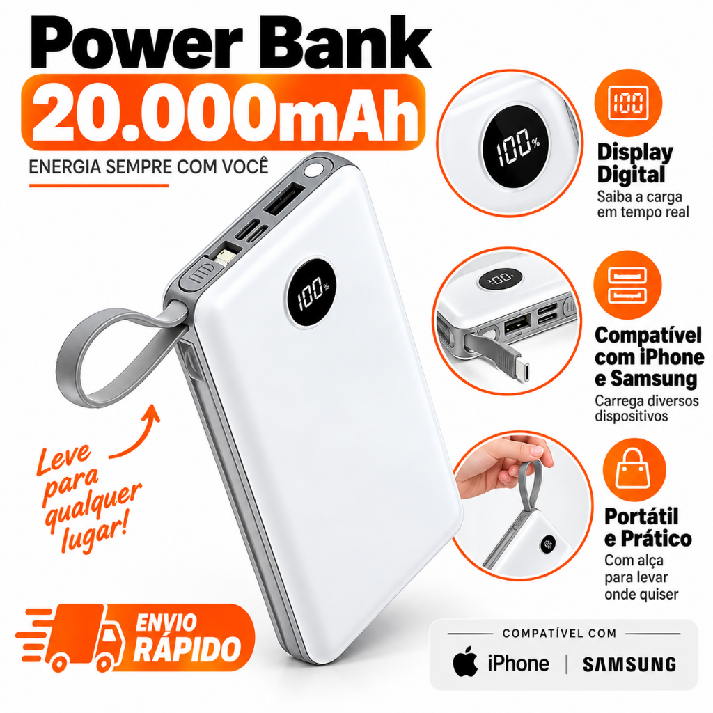 Power Bank Carregador Portátil 20.000mAh Digital compatível com iPhone e Samsung