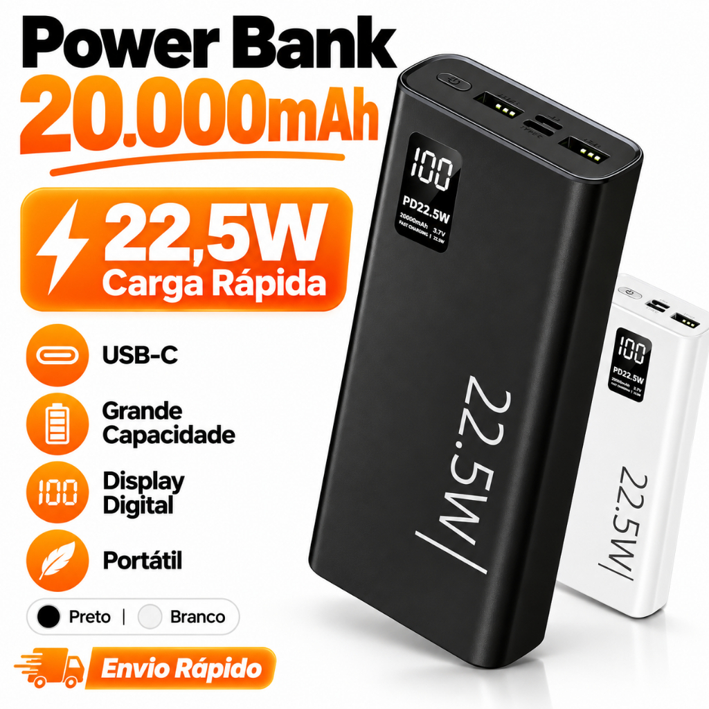 Carregador Portátil 20000mah grande capacidade power bank usb c 22.5w rápido portátil bateria para iphone samsung