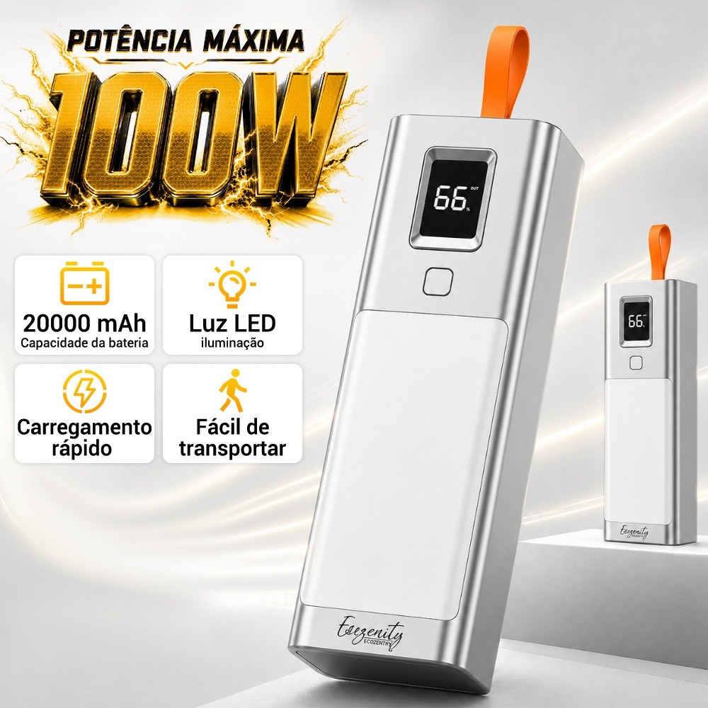 Power Bank 100w 20000mAh Carregador Portátil Carregamento Rápido com Display Digital Compatível iPhone Samsung