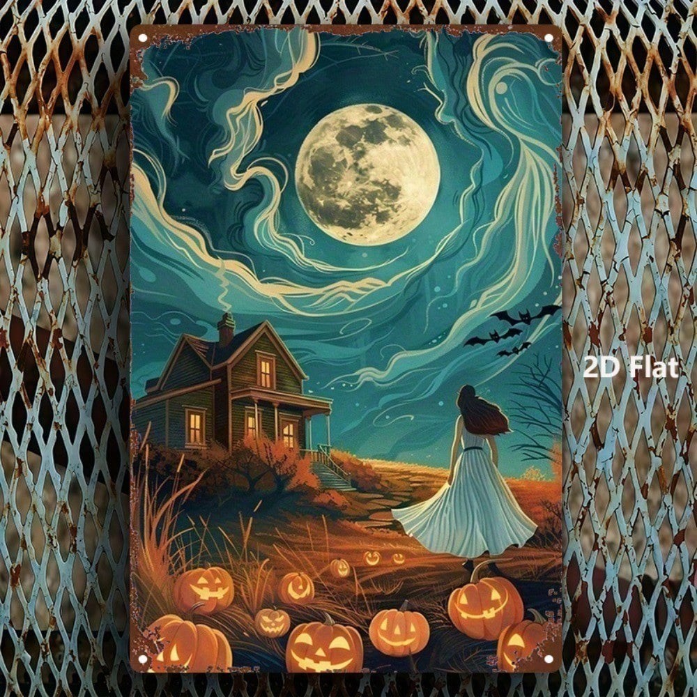 CIFbuy 1pc Sinal De Metal De Halloween 8x12 Polegada Jack-O'- Lanterna Cena Noturna Pintura De Lata Engraçado Decoração