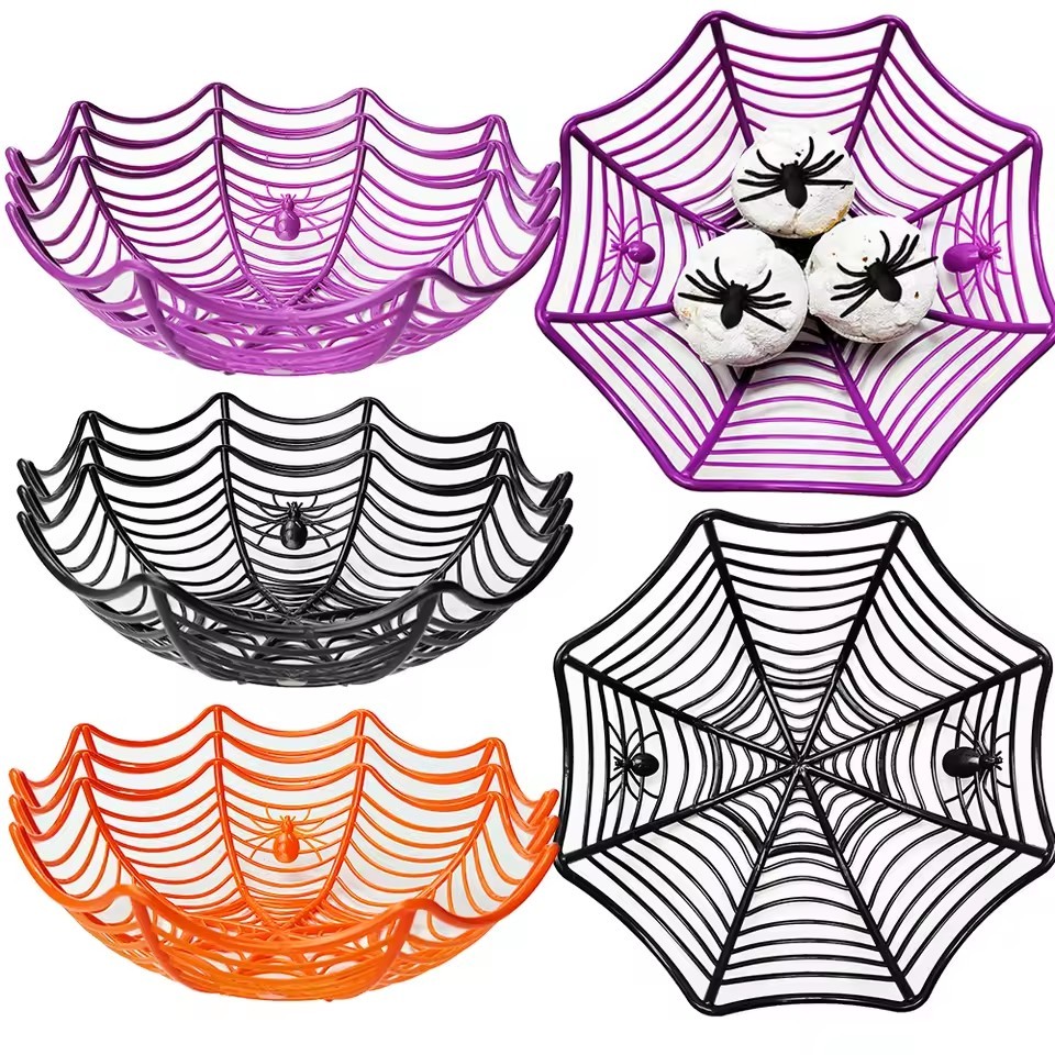 4-1Pc Cesta De Doces De Halloween Plástico Teia De Aranha Prato De Frutas Preto Biscoito Lanche Truque Ou Deleite Decora