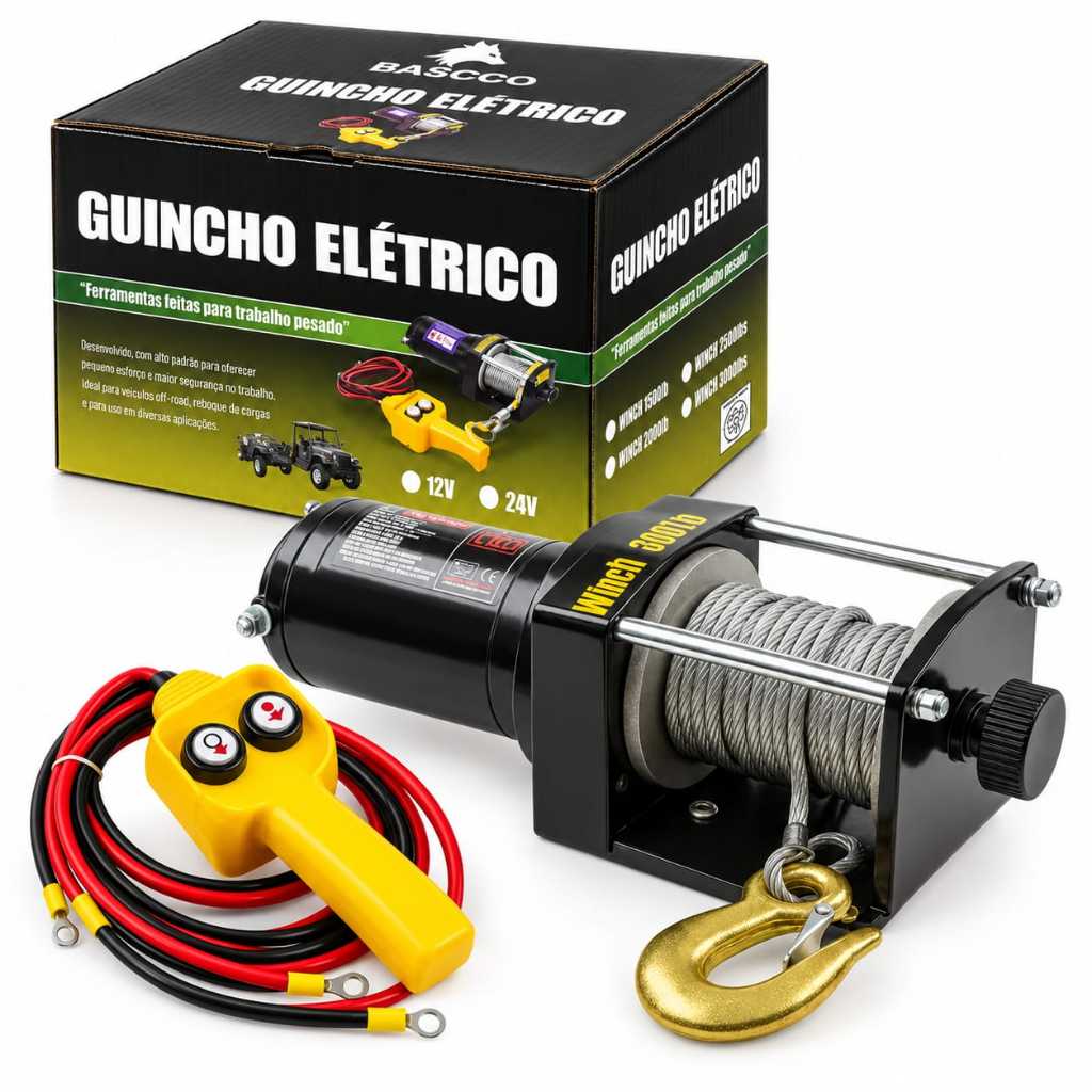 Guincho Elétrico 3000lb 1361 Kg para Bateria 12 Volts para Quadriculo Jipe Jeepp Carretinha