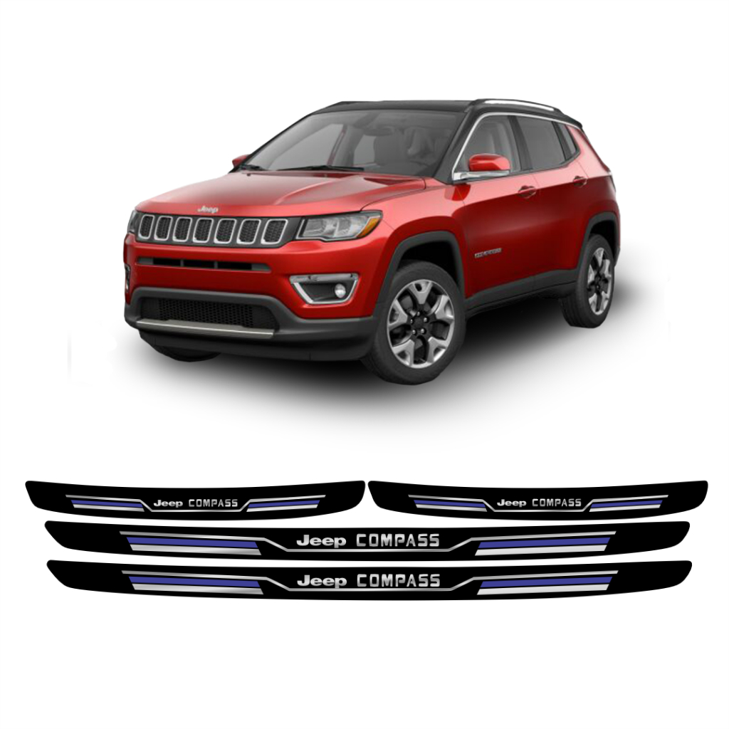 Soleira Porta Protetor JEEP COMPASS 4 Peças Resinada Adesivo SPORT FINA AZUL