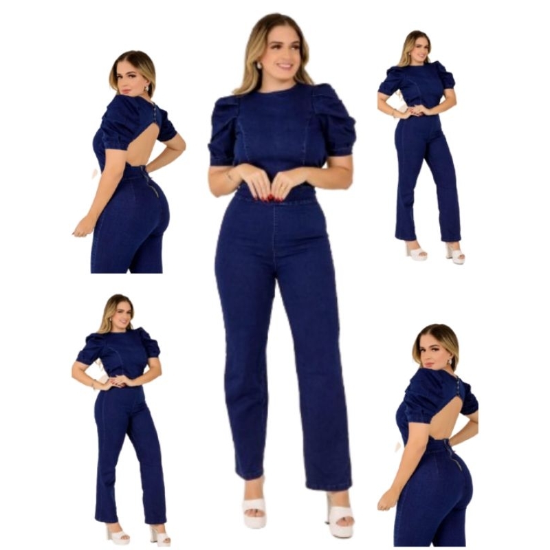 Macacão Flare Jeans Feminino Manga Bufante Liso Lycra