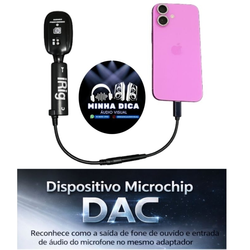 Adaptador Tipo C para Android e iPhone Entrada Áudio Microfone Interface Áudio iRig Flanger Joyo Live