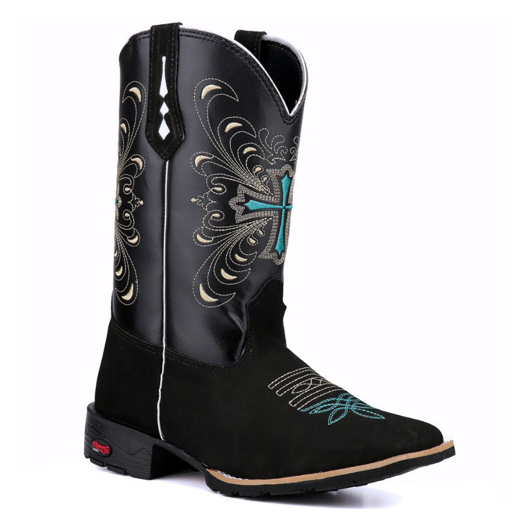 Bota Texana Couro Legítimo Preto com Bordados Dourados Detalhes em Turquesa Estilo e Conforto